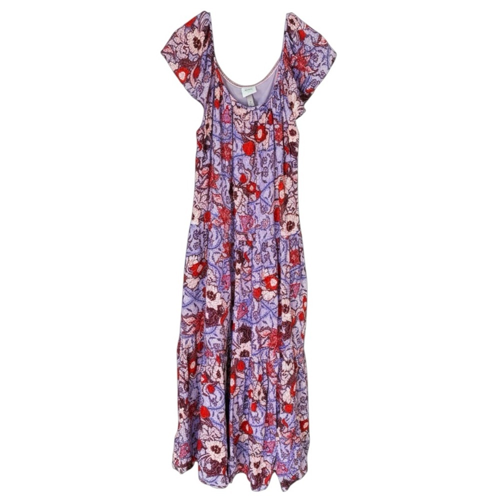 Knox Rose MEDIUM Purple Haze Floral Flutter Sleeve Tiered Maxi Dress Pockets - Picture 3 of 10